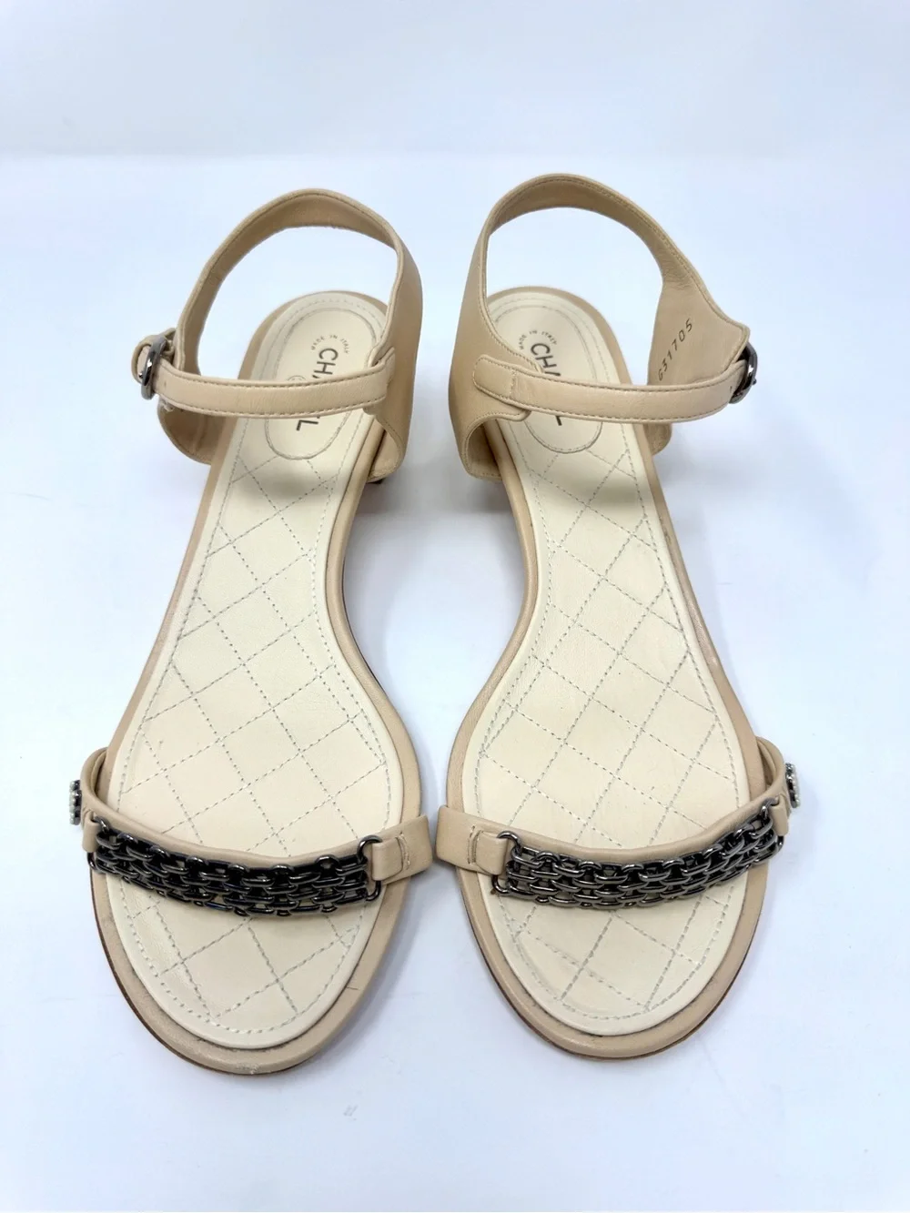 Chanel Nude Tan Beige Chain and Pearl Ankle Strap Quilted Heeled Sandals
